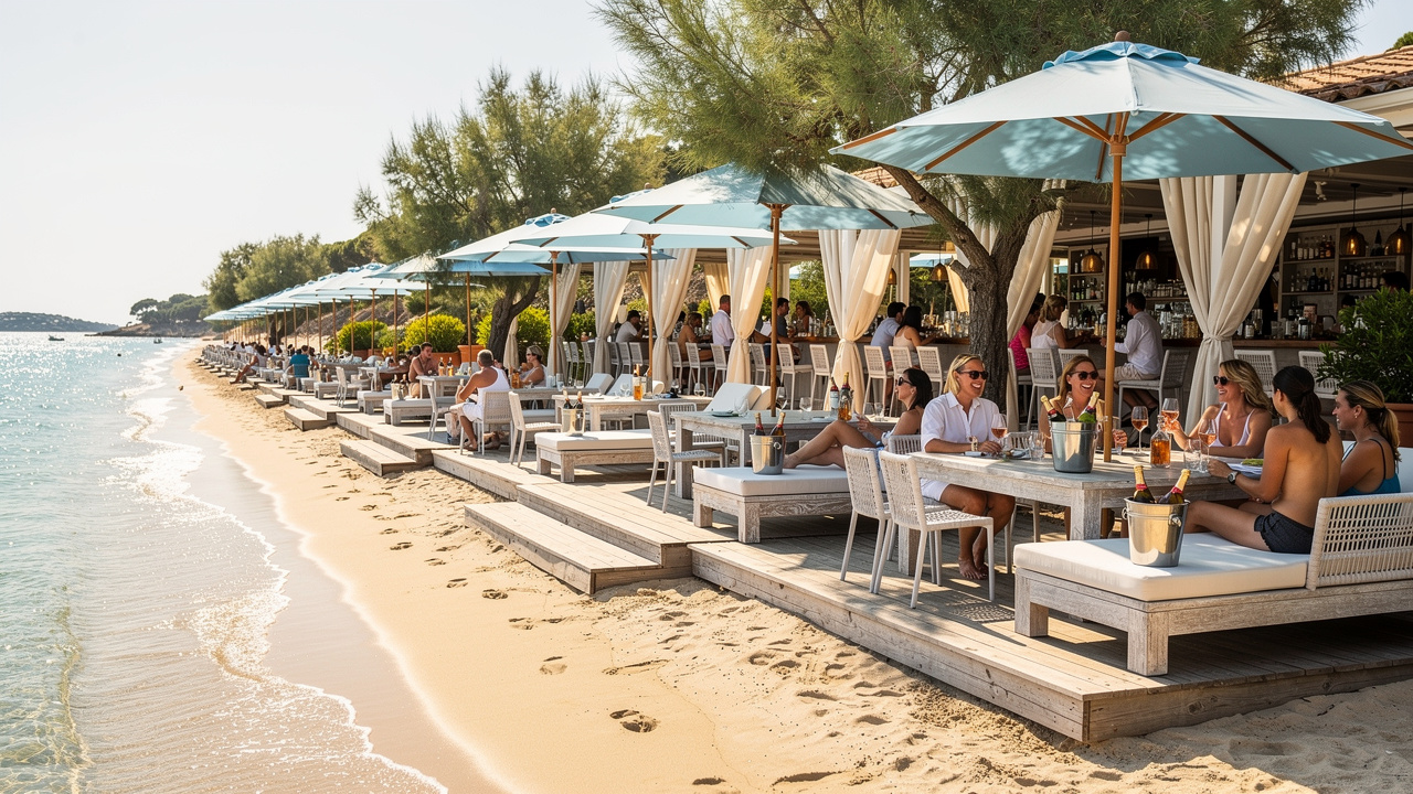 French Riviera Luxury Villas Luxury beach club on Pampelonne Beach with rosé wine and daybeds