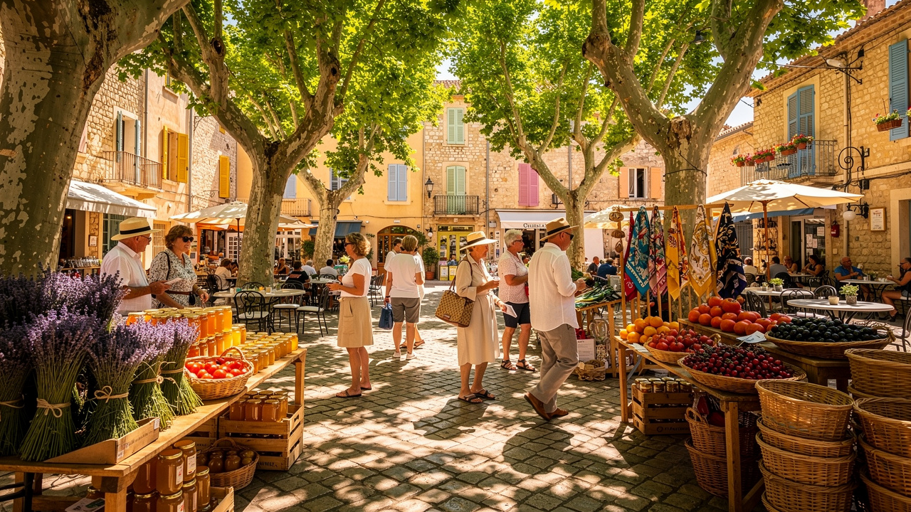 French Riviera Luxury Villas Vibrant morning market at Place des Lices in Saint-Tropez village