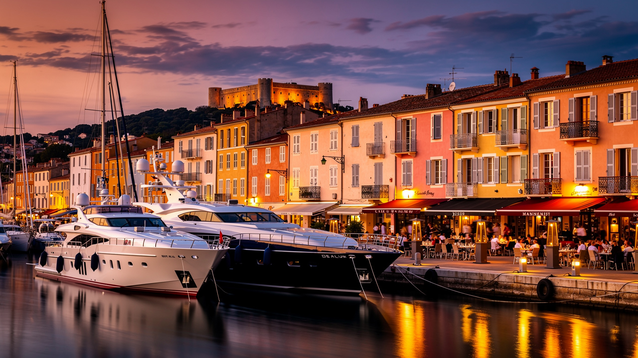 French Riviera Luxury Villas Saint-Tropez old port at sunset with superyachts and café terraces