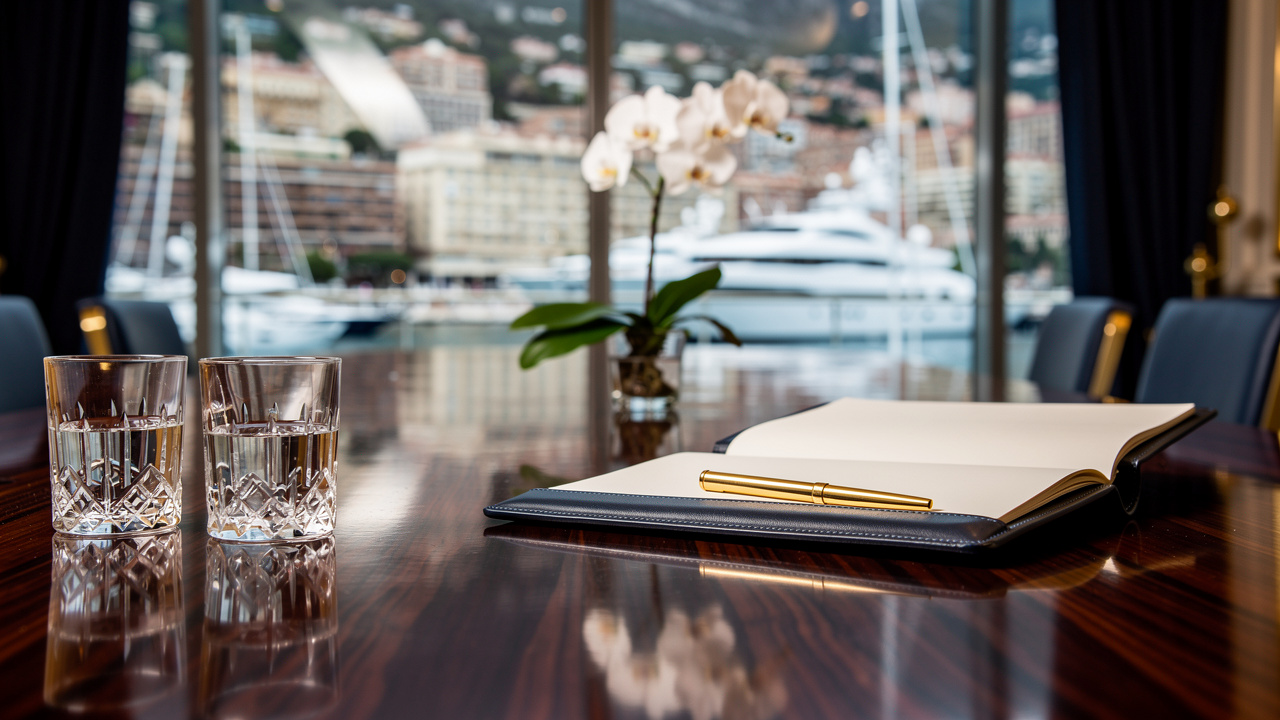 Discreet Monaco private banking meeting room overlooking the harbour