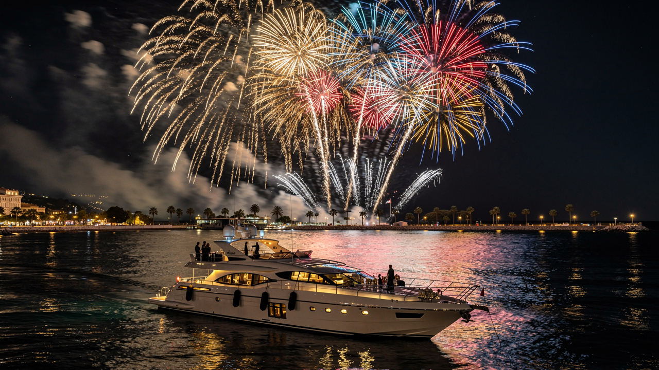 Spectacular fireworks over the Bay of Cannes from a private yacht