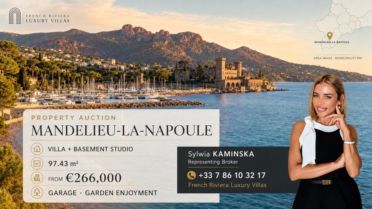 Sylwia Kaminska presenting a Mandelieu-la-Napoule villa and studio offered at auction