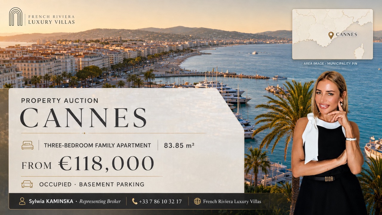 Sylwia Kaminska presenting an 83.85 m² Cannes apartment offered at auction