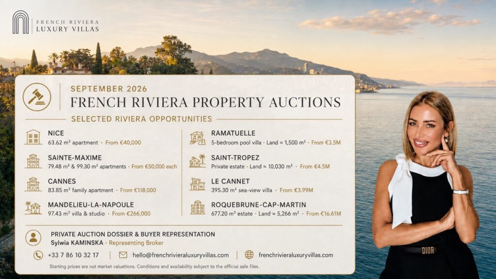 Sylwia Kaminska presenting French Riviera property auctions for September 2026