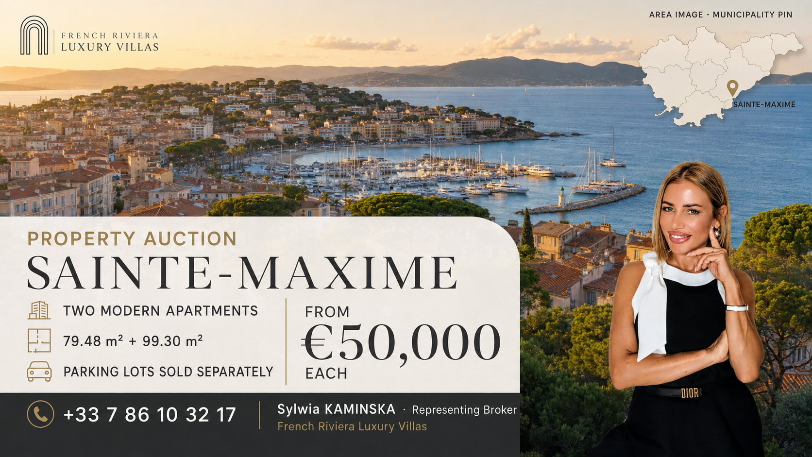 Sylwia Kaminska presenting modern Sainte-Maxime auction apartments with a shared pool