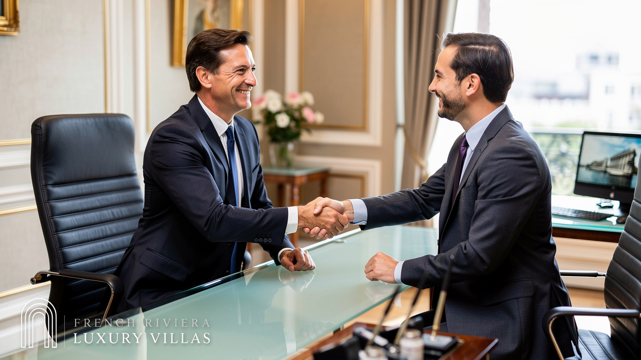 French Riviera Luxury Villas Real estate agent and client discussing property purchase agreement