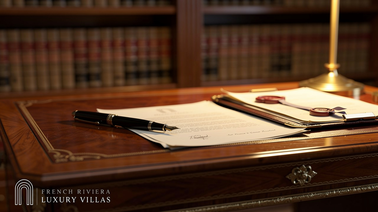 French Riviera Luxury Villas Notary desk with legal documents for property purchase
