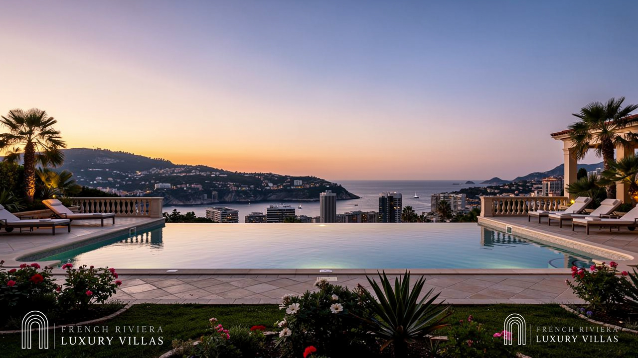 French Riviera Luxury Villas Private Riviera villa terrace overlooking Monaco skyline at sunset