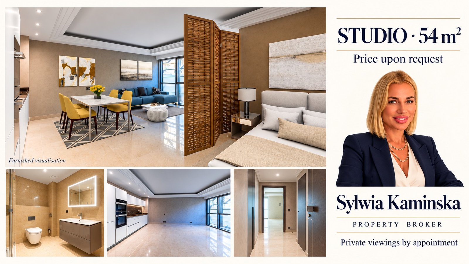 Elegant studio listing with Sylwia Kaminska broker portrait