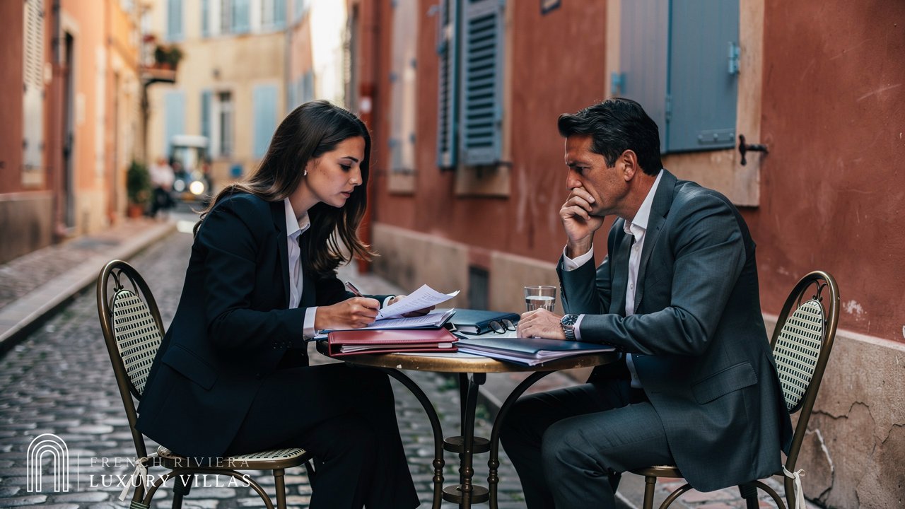 Couple reviewing relocation paperwork in Nice France