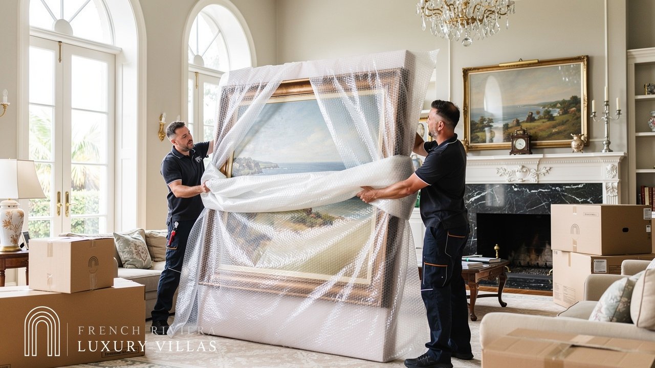Movers carefully packing fine art for relocation