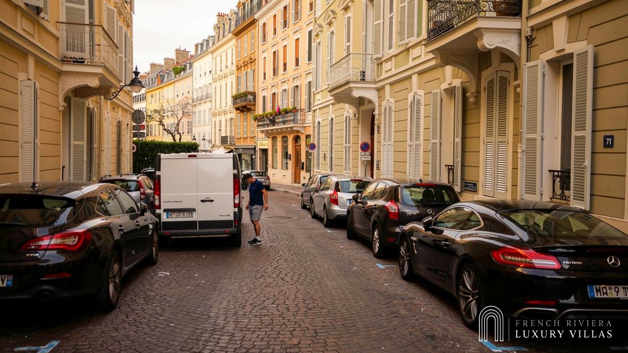 Narrow Monaco street with moving van navigating tight space
